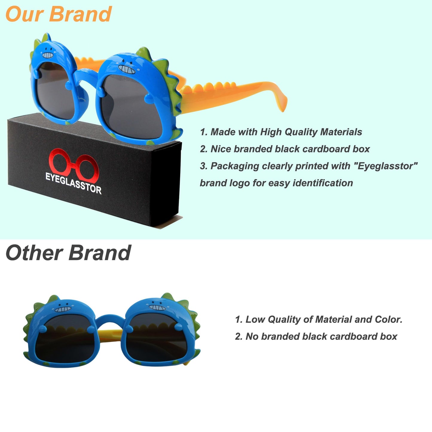 EYEGLASSTOR Dinosaur Cartoon Toddler Sunglasses for Kids Aged 2-6, Blue & Yellow Dark Lenses, UV400 Protection, Secure Fit for Outdoor Play