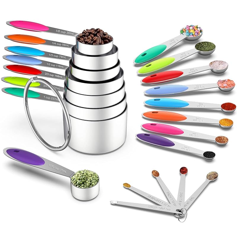Multicolor 21-Piece Stainless Steel Measuring Cups & Spoons Set with Silicone Handle - Includes 8 Cups, 8 Spoons & 5 Mini Spoons