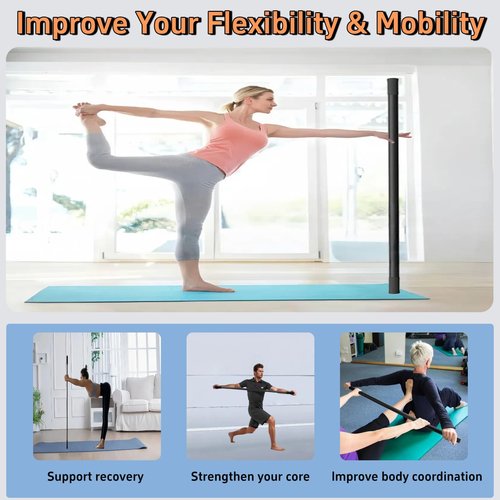 AmoreTempo Yoga Stick for Mobility, 5ft Adjustable Stretching Stick with 4 Steel Rods & Foam Grip Handles Stainless Steel Exercise Stick for Fitness, Physical Therapy, Balance Pole, Posture Correction