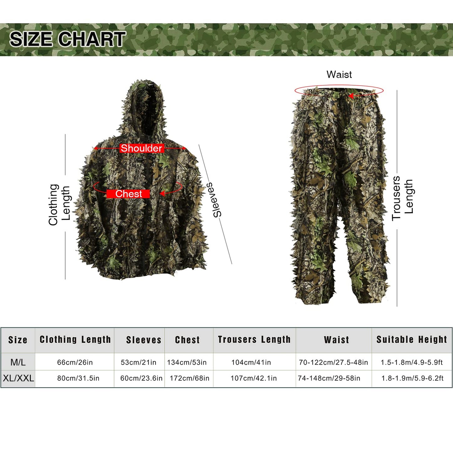 Zicac Ghillie Suit Full Face Mask Gloves Set, 3D Leafy Camo Suit, Ghillie Suit for Men, Camoflage Woodland Pants Jacket Hood for Outdoor Hunting,Airsoft Sniper Costume,Wildlife Photography,Halloween