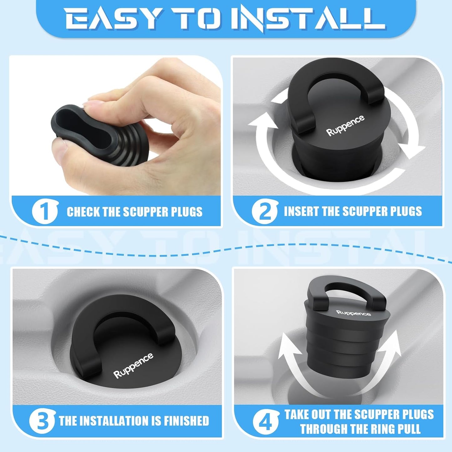 1-1/2" Kayak Scupper Plugs, Push-in Boat Drain Kayak Plugs for Sit on Top with Ring Pull Design, Watertight Livewell & Bilge Stoppers for Marine Drain Holes, Canoes & Small Watercraft (4Pack)