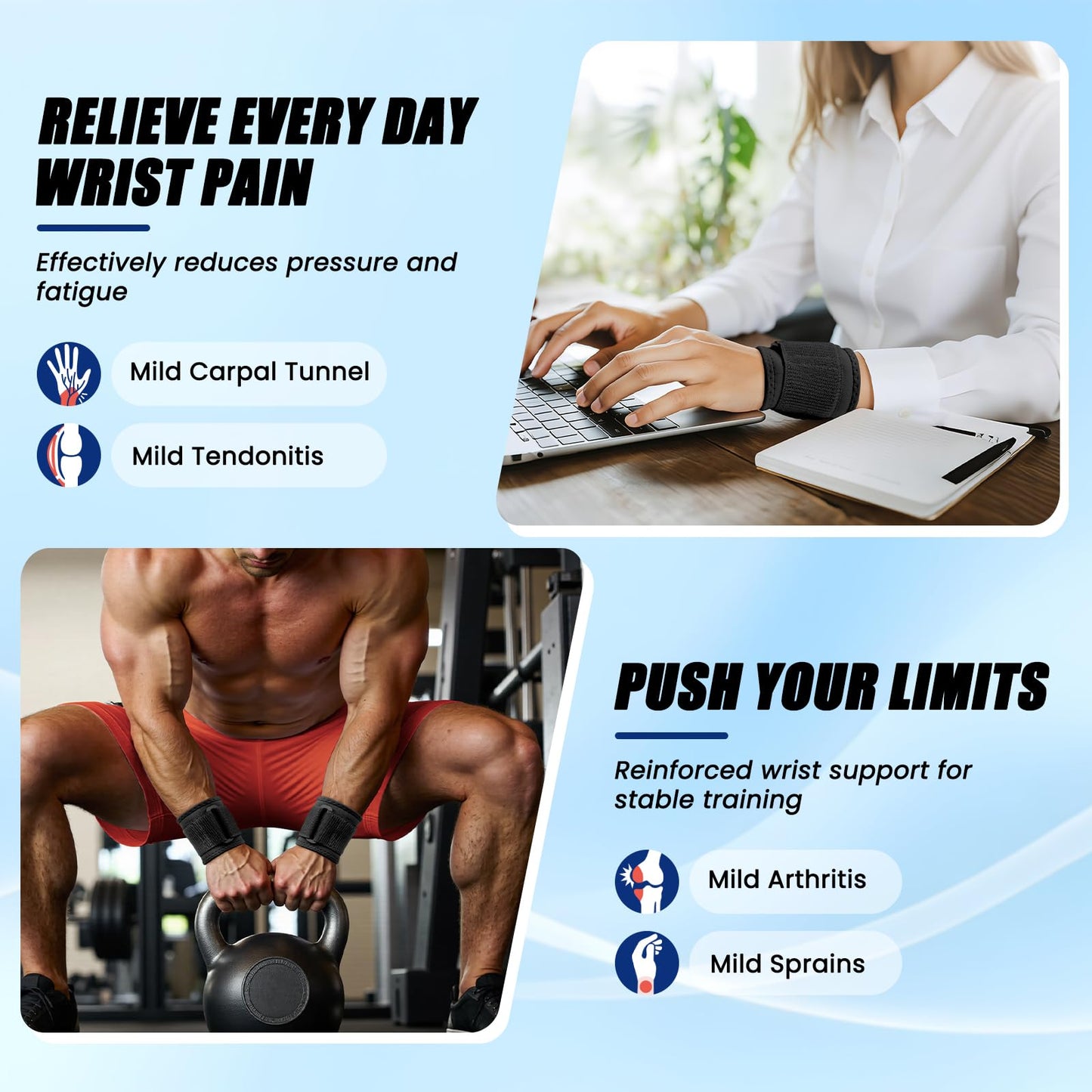 JNATER Wrist Wraps for Men and Women - 2 Pack Adjustable Dual-Layer Wrist Brace for Carpal Tunnel & Arthritis, Wrist Straps For Pain Relief, Wrist Support for Fitness, Workouts & Daily Use (Black)