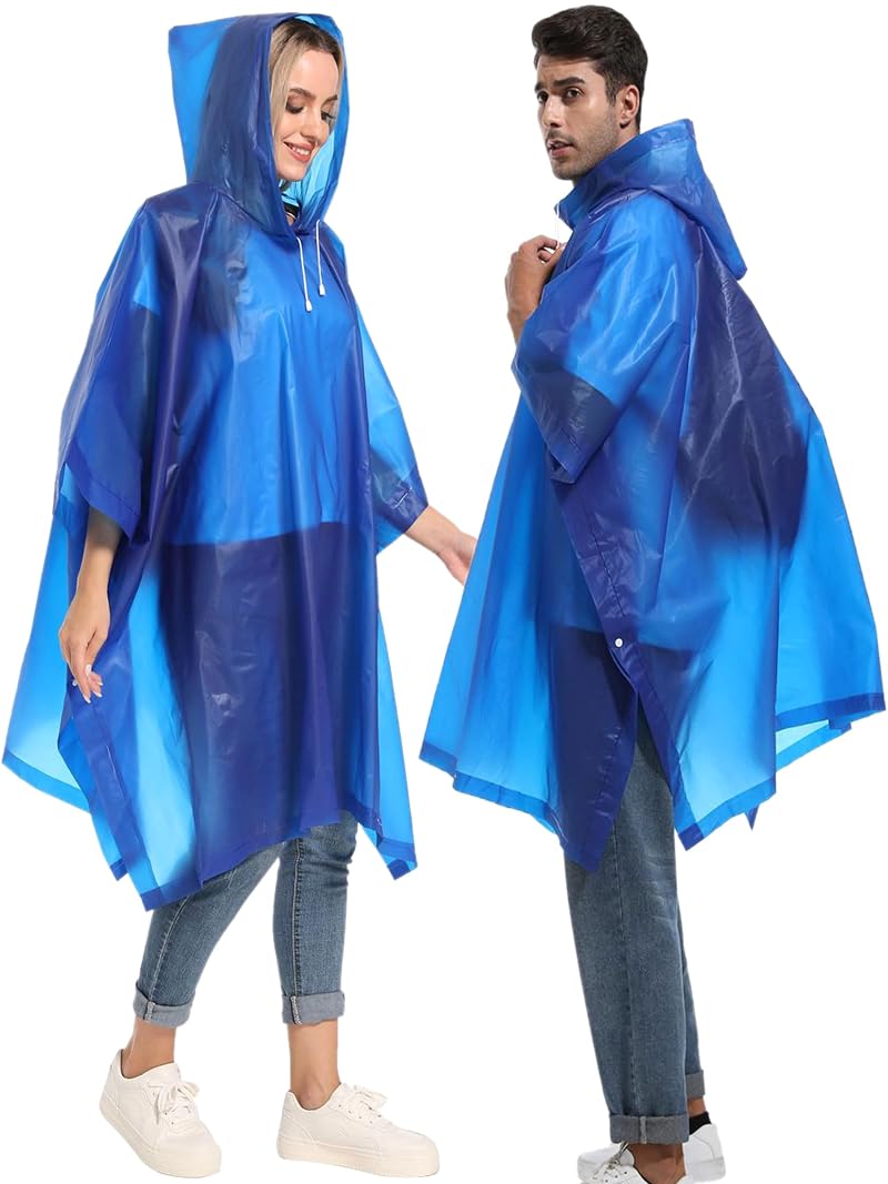 HOOMBOOM 2-Pack Reusable Rain Ponchos for Adults Blue, Lightweight EVA Emergency Rainwear