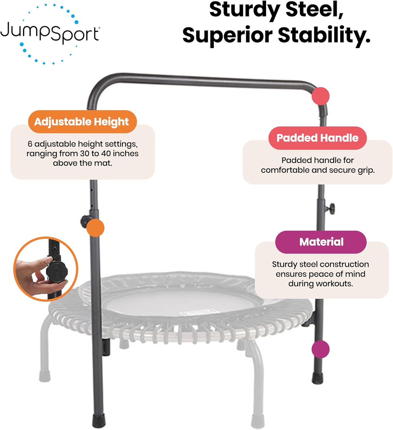 JumpSport Handle Bar Accessory for Arched Leg Fitness Trampolines | Black | Adjustable Height Settings | Trampoline Not Included