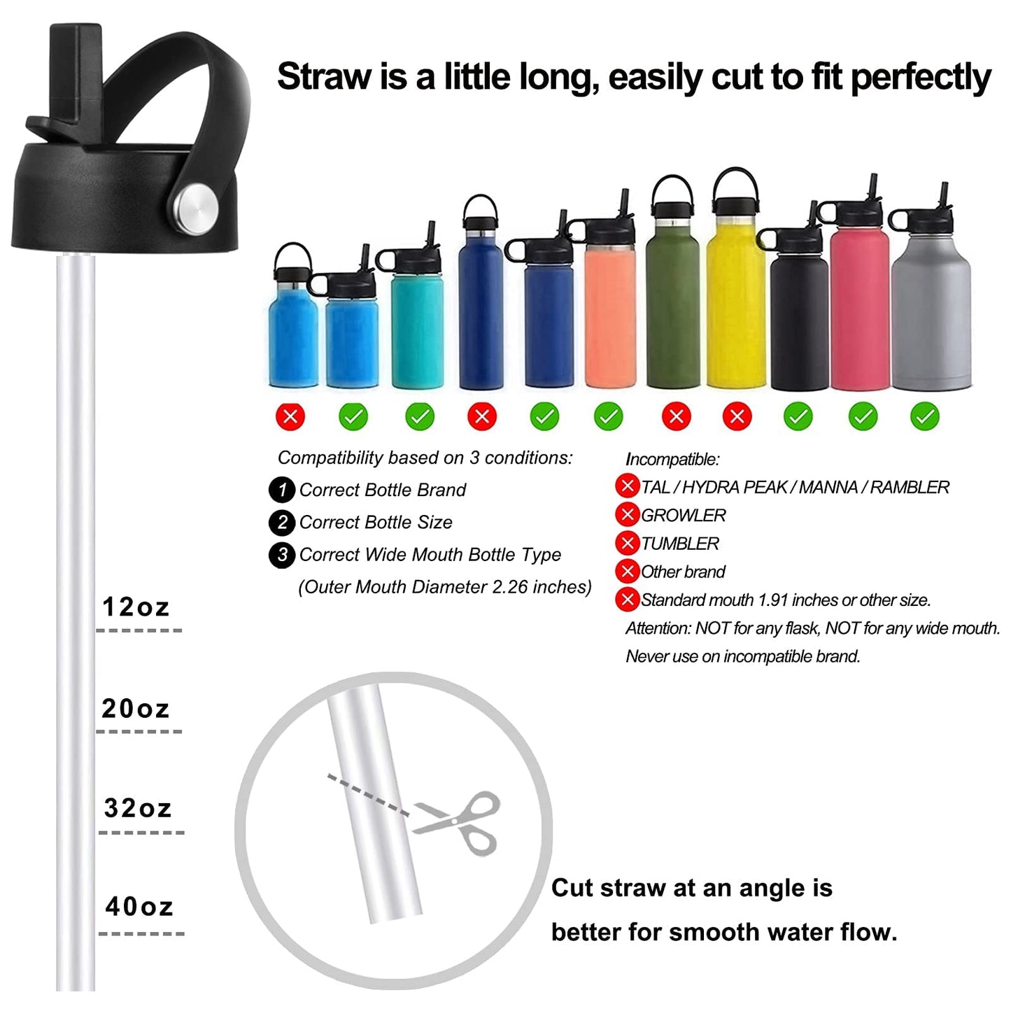 KMN Wide Mouth Straw Lid with Flip Top, Replacement Cap with Straw for Hydro Flask 18 32 40 oz Wide Mouth Water Bottle & 12 16 20 oz Coffee Flask, BPA-Free Leakproof Sports Lid (Black-2 Pack)