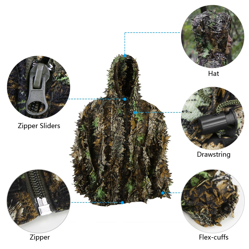 Zicac Ghillie Suit Full Face Mask Gloves Set, 3D Leafy Camo Suit, Ghillie Suit for Men, Camoflage Woodland Pants Jacket Hood for Outdoor Hunting,Airsoft Sniper Costume,Wildlife Photography,Halloween