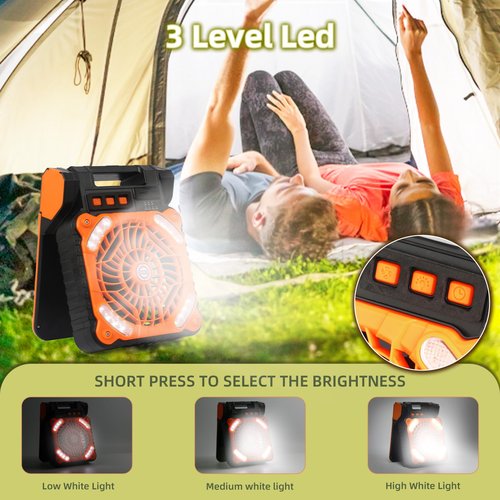 XGRTHREEH Camping Fan Rechargeable Battery Solar Fan for Outside Home with LED Lantern Solar Powered Fan Portable, Timer,4 Speeds, 90° Adjustable Solar Panel Fan 36H Run Time Max USB Charging Outdoor