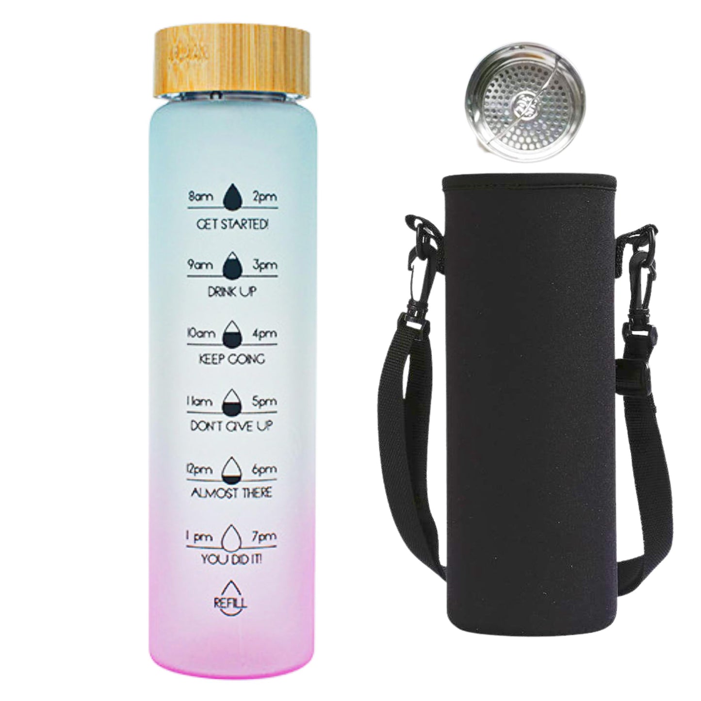 HOLABEAR 32oz Glass Motivational Daily Water Intake Bottle with Time Marker, Leakproof Bamboo Lid and Holder Sleeves, for Hot and Cold Drinks, Clear Reusable BPA Free