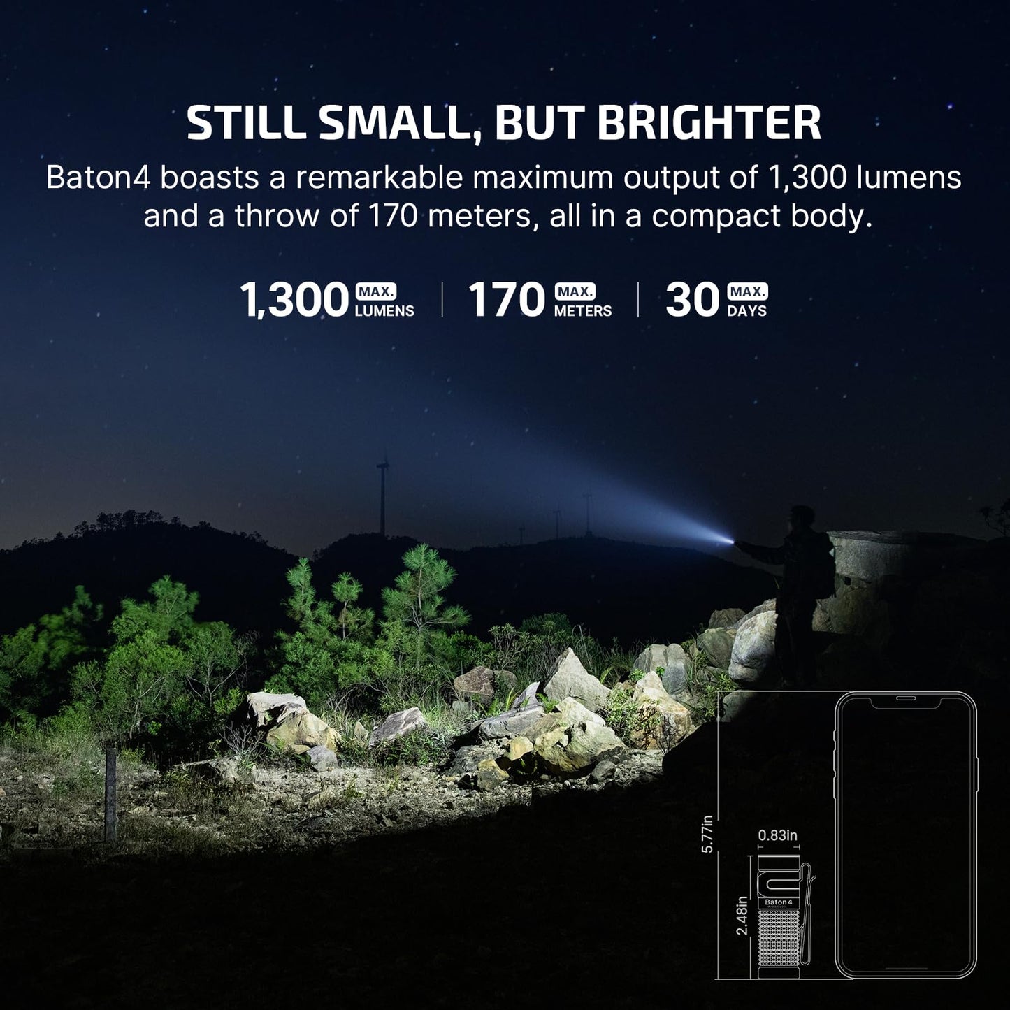 OLIGHT Baton4 Rechargeable EDC Flashlight, Bright Small Flashlight 1300 Lumens with MCC Charging Cable, IPX8 Waterproof, Multiple Modes Pocket Light for Home, Camping, and Emergencies (Black)