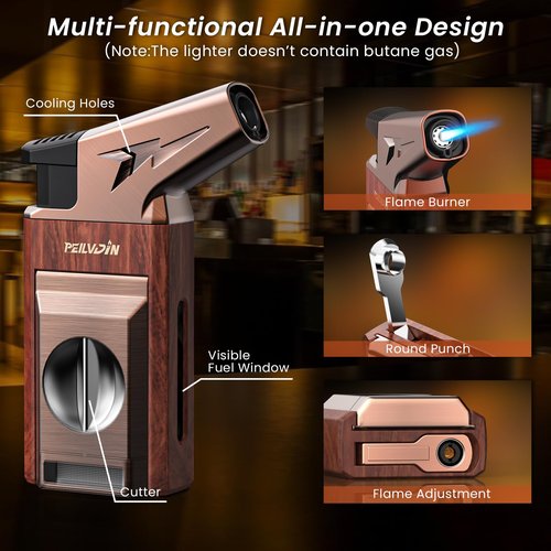 Torch Lighter with Built-in Cutter, Punch, Windproof Jet Flame Tool, Butane Refillable Torch Lighters, Gift for Men, Multi-Functional Accessories, Lighters for Candle, Travel (Butane Not Included)