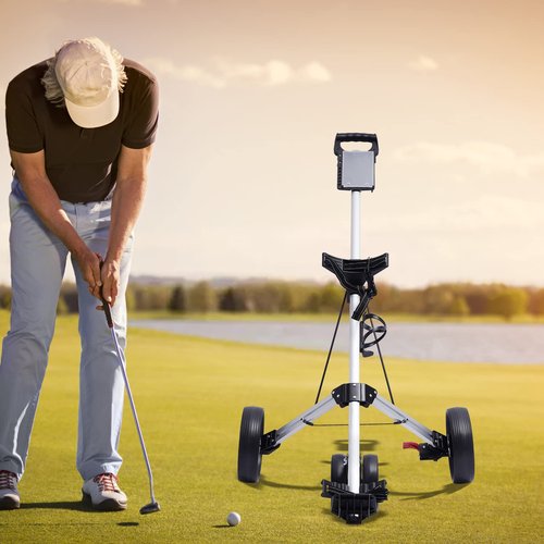 OLKKEFT Multi-Functional Golf Push Cart, 3 Wheel Push Pull Golf Cart, Portable Foldable Golf Trolley with Foot Brake and Strap Type for Golf Courses, Gyms, Schools