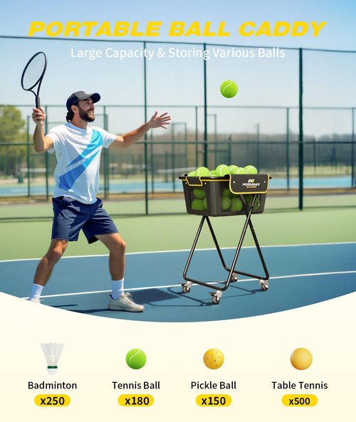PodiuMax Pickleball Tennis Ball Hopper, Holds 180 Tennis-Balls or 150 Pickle Balls, Foldable Pickleball Caddy for Men Women Teen, Waterproof Tennis Ball Basket for Learners & Coaches