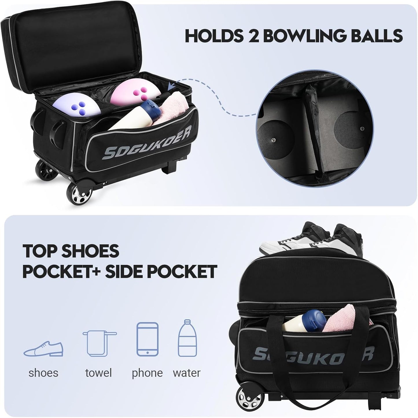 2 Bowling ball Bag with Wheels, Lightweight Trolley Double Ball Bowling bag with Large Separate Shoe Compartment and Oversized Accessory Pocket, Retractable Handle Extends To 39.5"