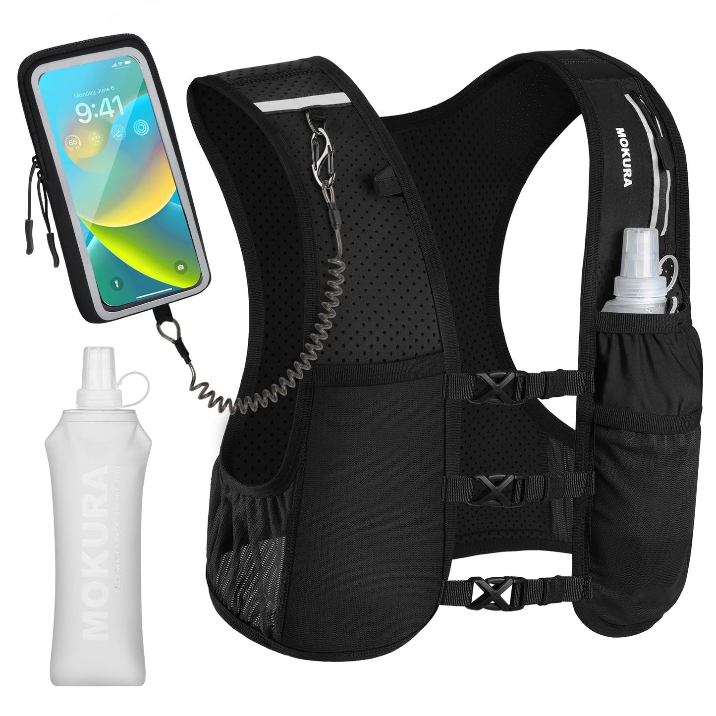 MOKURA Running Vest for Women Men, Lightweight Hydration Vest with 500ML Soft Flask & Phone Holder, Reflective Running Backpack, Adjustable Run Pack Water Bottle, Runner Marathon Essentials