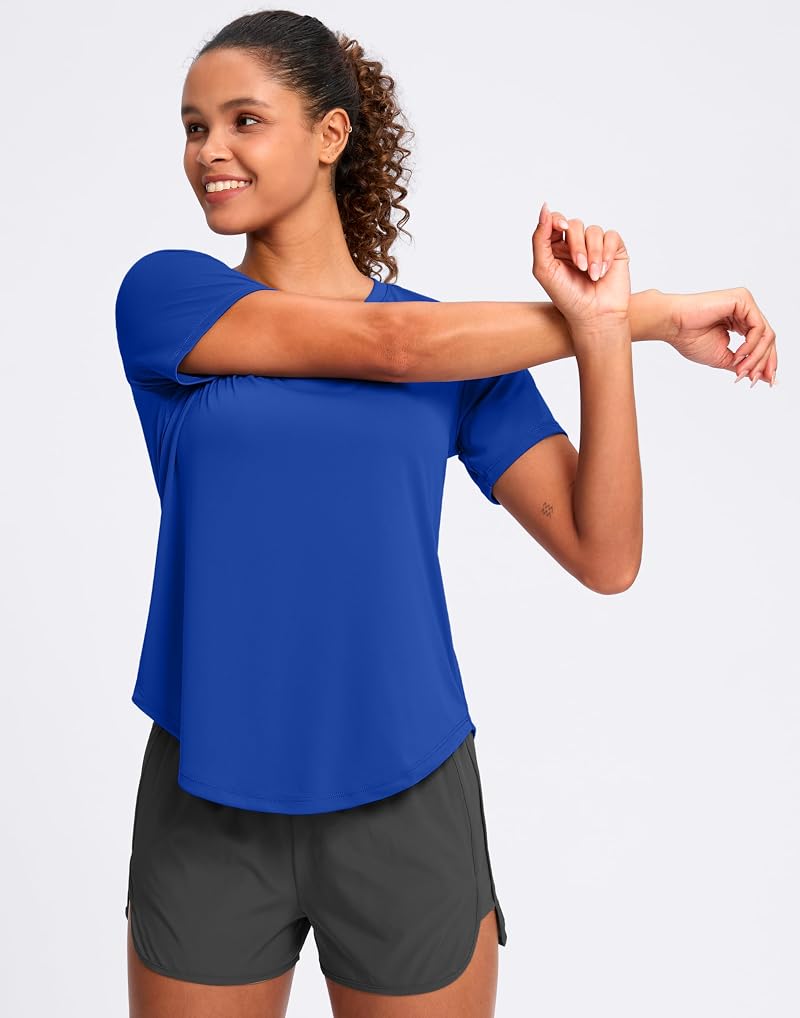 Womens V-Neck Dry Fit Workout Shirt - Short Sleeve Sun Protection, Large, Blue