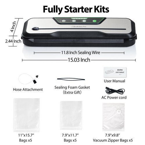 Automatic Food Vacuum Sealer Machine | Beelicious Pro 80KPa 8-In-1 Food Vacuum Saver with Starter Kits | 15 Bags, Pulse Function, Moist & Dry Mode and External VAC for Jars and Containers