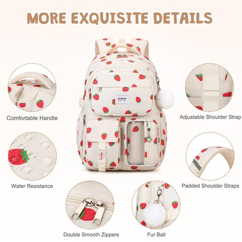 ACESAK Backpack for Girls - Girls Backpack with Lunch Bag & Pencil Pouch for Teen Kids Laptop Backpack for Women, Elementary Middle High School Bookbag Travel Daypack (Beige Strawberry)