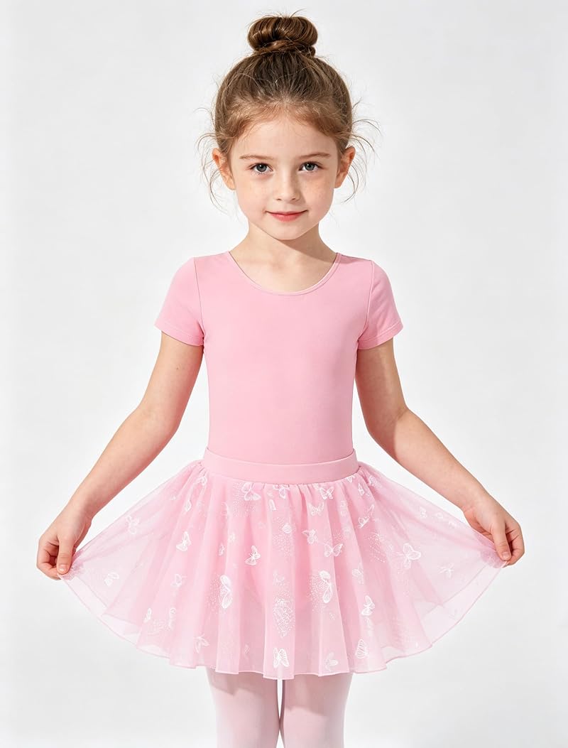 MdnMd Ballet Pink 4-6 Years Toddler Girl Leotard Set with Butterfly Skirt & Bow Back