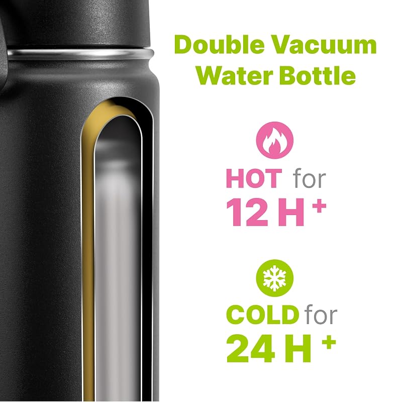 Water Bottle with Straw - 12 Oz Black, BPA Free, 18/8 Stainless Steel, Mollcity