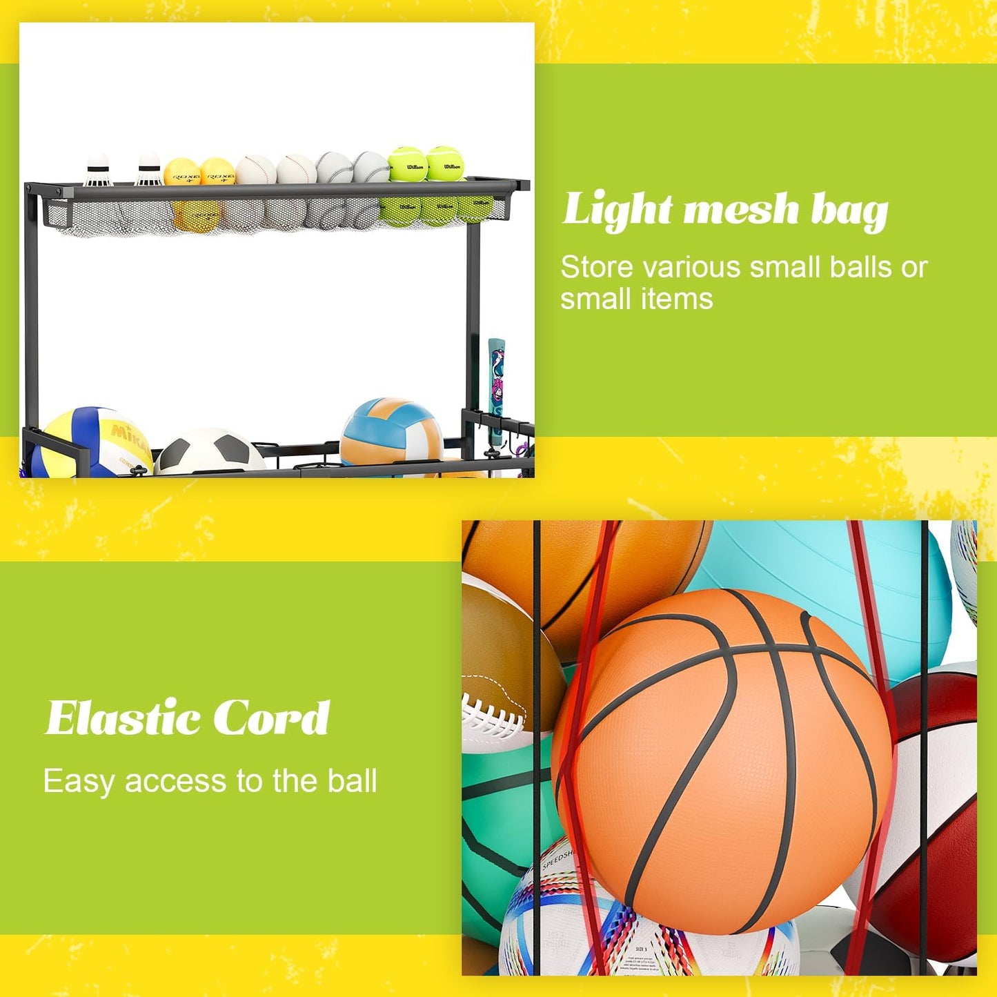 Large Sports Equipment Organizer, Garage Storage Ball Rack with Elastic Straps and 3 Hooks, Outdoor Toy Organizer Stand, Garage organization Storage Rack for Basketball, Football, Soccer, Volleyball