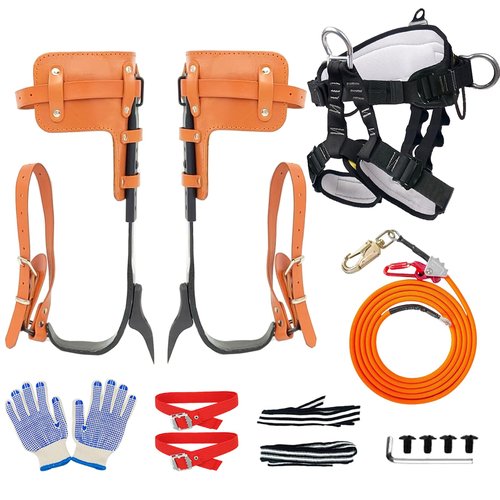 timiland Tree Climbing Spikes Set, Tree Climbing Gear with Professional Accessories and Steel Wire Core Flip Line, with Triple Lock Lanyard Adjuster，for Picking Fruit and Outdoor Sports【Set A】