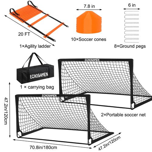 ECHOSAMEN Kids Soccer Goals for Backyard, 2 of 6 x 4 ft Kids Soccer Goal Set Soccer Net with 10 Soccer Cones, Agility Ladder & Carry Bag, Portable Soccer Training Equipment.