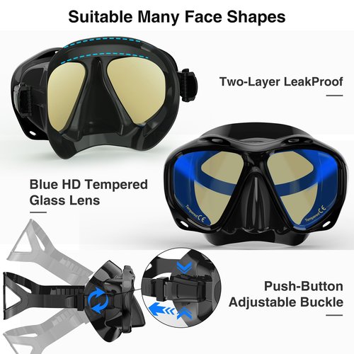 MELUMILU Snorkeling Gear for Adults, Dry Snorkel Set Blue Electroplated 180° Panoramic Wide View Anti-Fog Scuba Diving Mask, Professional Snorkel Gear for Swimming, Diving (Black)