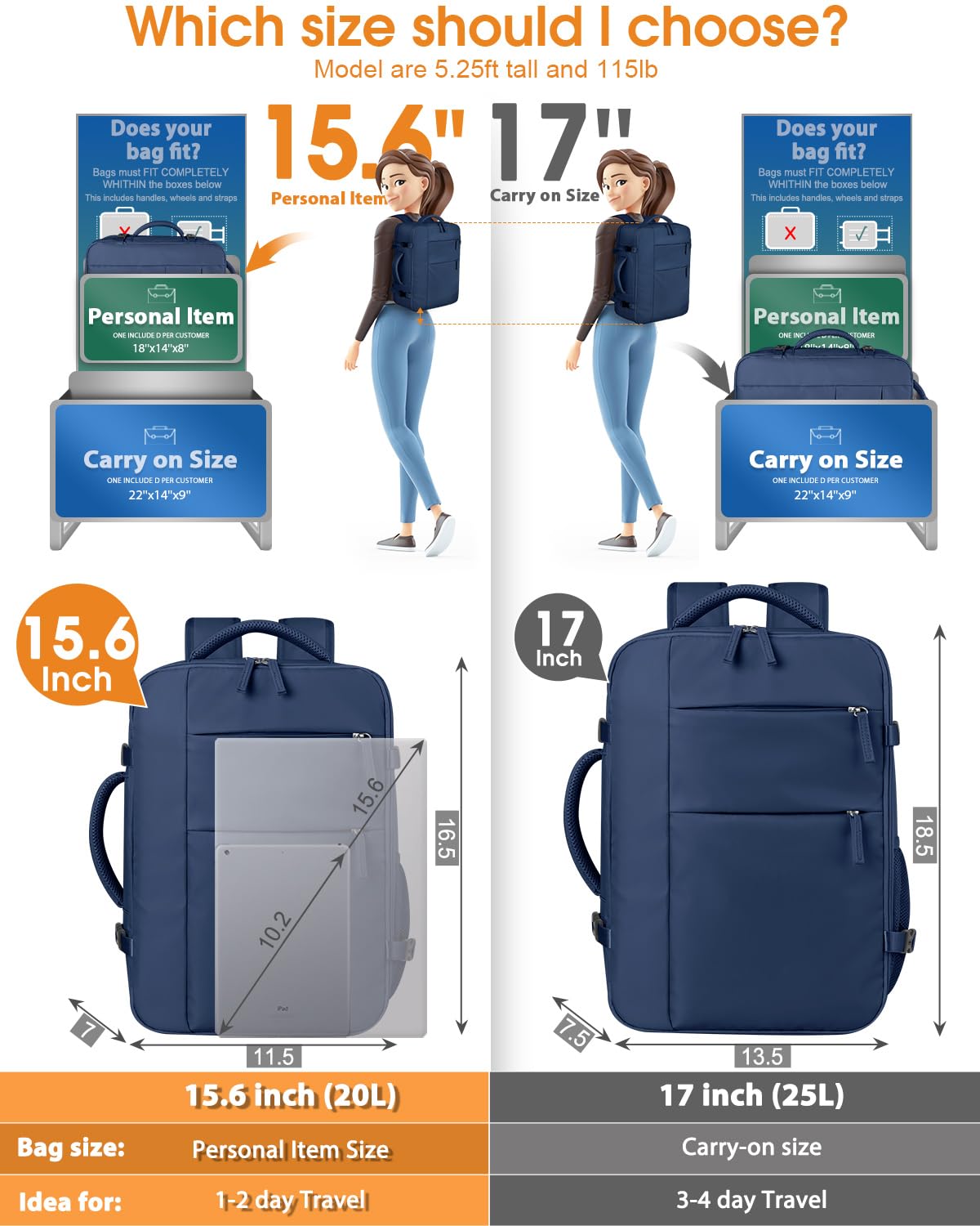 Capolo Travel Backpack for Women Men Waterproof Laptop Backpack Airlines Approved Carry On Backpack Bag Computer Bookbag for Business, Work, Traveling Fits 15.6 Inch Laptop(Dark Blue)