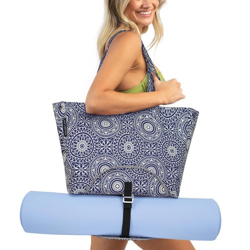 Explore Land Yoga Bags for Women with Large Pocket Pilates Tote Bag for Gym Beach Workout - Fits Water Bottles and All Size Mats(Blue)