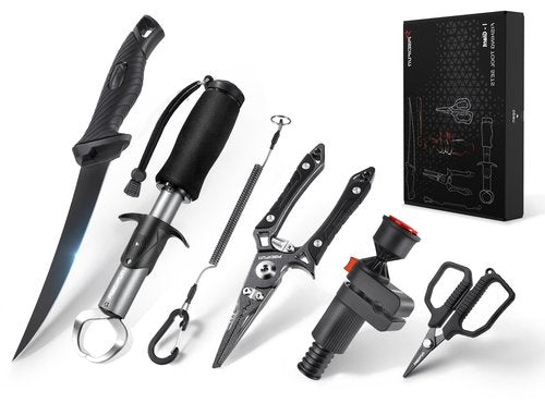 Piscifun 6pc Fishing Tool Kit, Fishing Line Spooler, Fishing Pliers, Fillet Knife, Braid Scissors, Aluminum Fish Gripper, Lanyard, Fishing Gear Gifts for Men Women