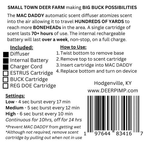 DEER PIMP MAC Daddy Trifecta Real Deer Urine Diffuser with (3) Urine Cartridges: ESTRUS, Dominant Buck, and Regular Doe, 100 Hr Run Time Internal Rechargeable Battery, 210+ Hours of Hunting Time