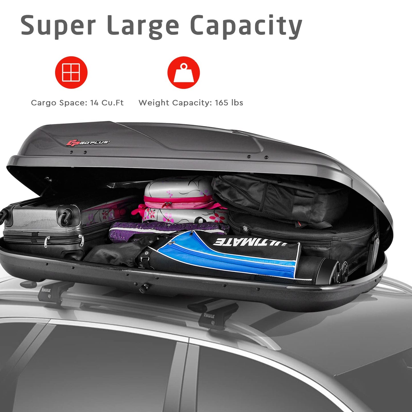 Goplus Rooftop Cargo Carrier Hard Shell, 14 Cubic Feet Waterproof Car Roof Cargo Carrier w/Dual Side Opening, Security Key, 165LBS Capacity, for 17” to 22.8” Wide Crossbar Rack, Vehicle Cargo Box