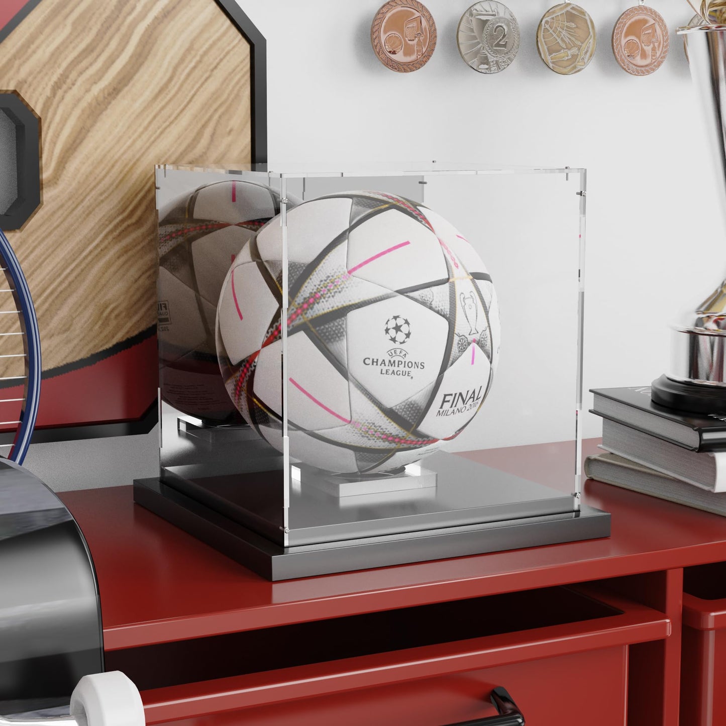 Xiomot Soccer Ball Display Case Clear Acrylic Display Case Box with Mirror Back and Black Metal Grooved Base Stackable Holder with Removable Built-in Soccer Ball Stand for Sports Collectibles