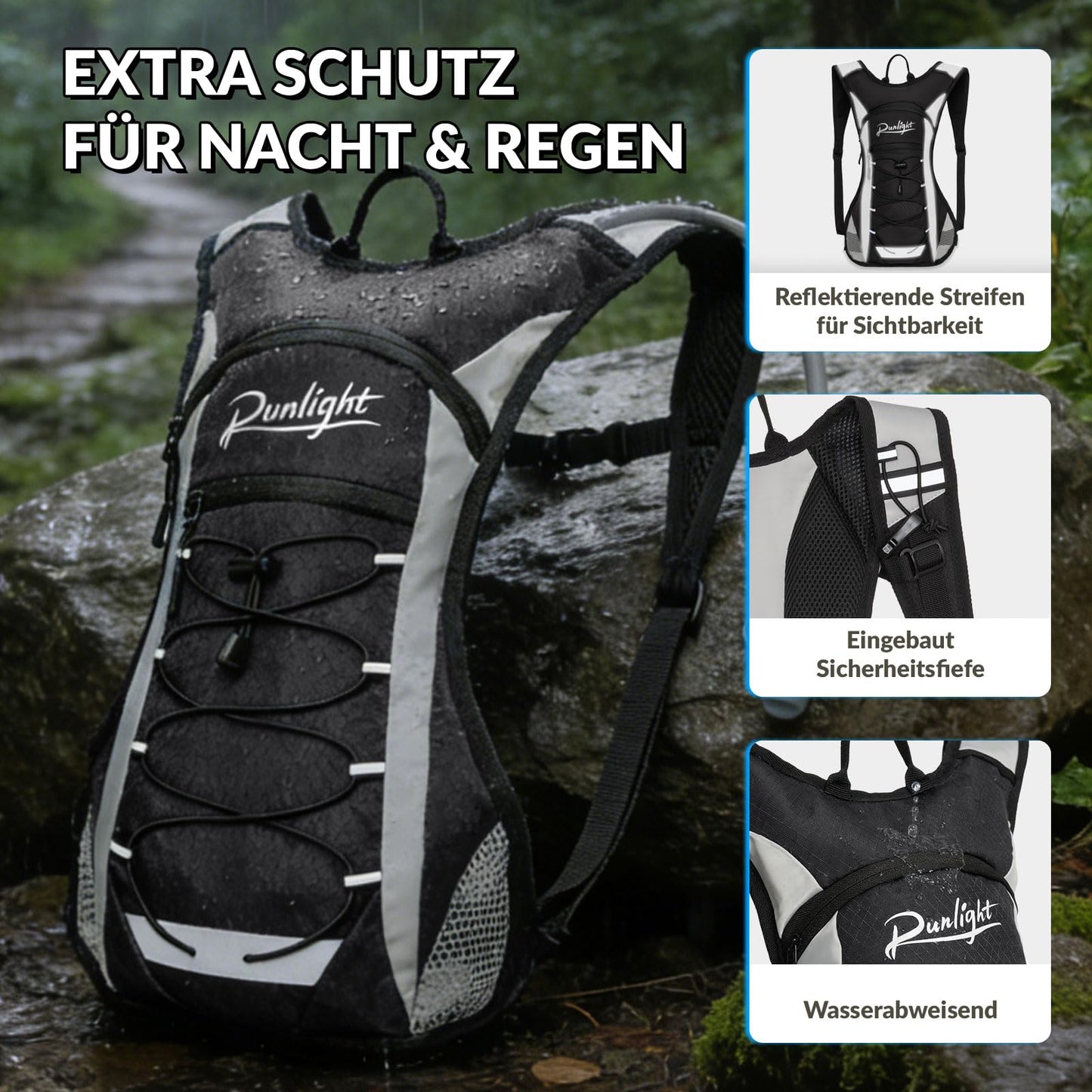 Runlight Running Vest,Lightweight Adjustable Chest Pack with Pistol Holster, Pack with 1.5L Water Bladder, Reflective Running Hydration Vest (W230-Black, One Size)