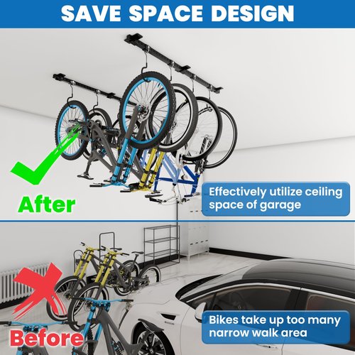 LXVOOEE Bike Ceiling Mount for Garage with 8Pcs Adjustable Rubber Coated Bike Hooks, Ceiling Bike Hangers for Garage Bike Rack Indoor Bicyle Storage Rack, Holds Up to 704lbs for 4-8 Bikes