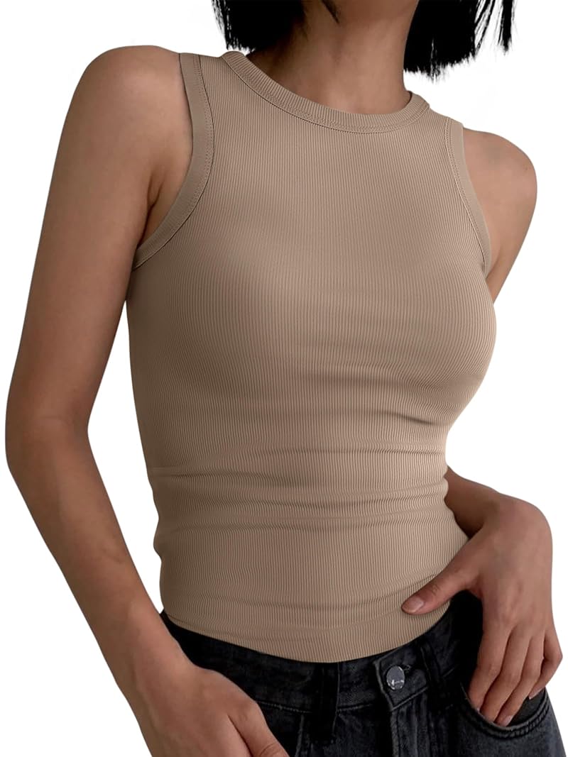 ANRABESS High Neck Ribbed Tank Top for Women - Light Coffee+Medium