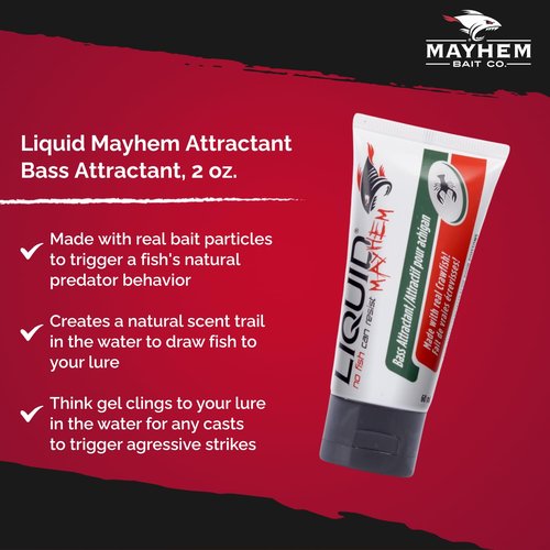 Liquid Mayhem Bass Fish Attractant Gel 60 ml / 2 oz · 60 Uses 1-Pack – Real Bass Bait & Aminos | UV-Enhanced Long-Lasting Gel – All Lure Types