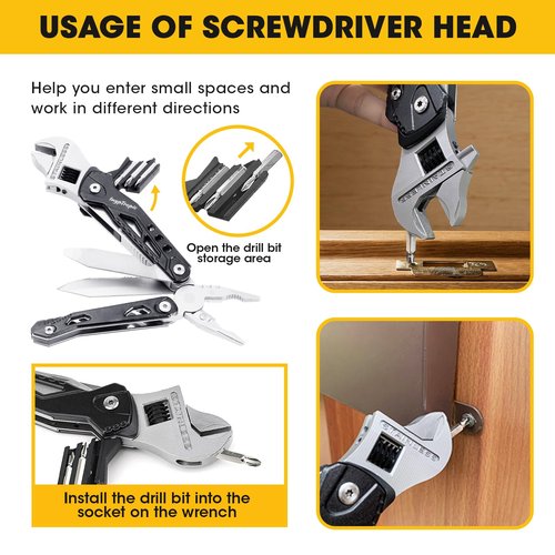 INYPTROPIC Multitool Wrench With 14 Tools/Pliers/Wire Cutter Gift for Dad.Portable Folding Multifunctional Pocket Knife Adjustable Multi Purpose Stainless Steel Tool (Silver black)