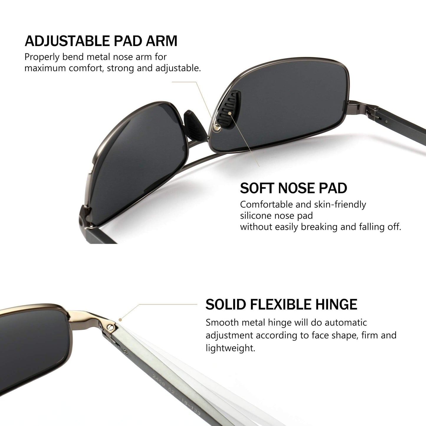 SUNGAIT Ultra Lightweight Rectangular Polarized Sunglasses Men UV400 Protection (Gunmetal Frame Gray Lens, 62) Metal Frame SGT458 QKH-CA