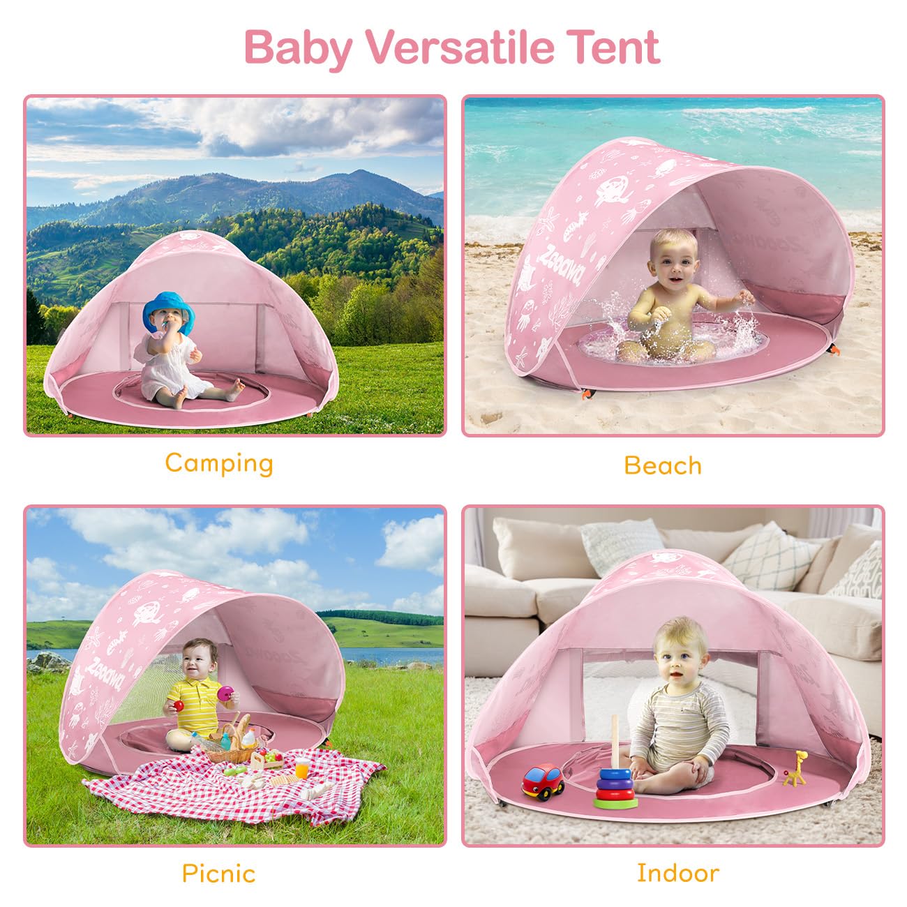 Zooawa Baby Beach Tent, Pop Up Beach Tent Sun Shade, Portable Shade Pool UV Protection Sun Shelter for Infant with Sand Toys Set, Light Pink