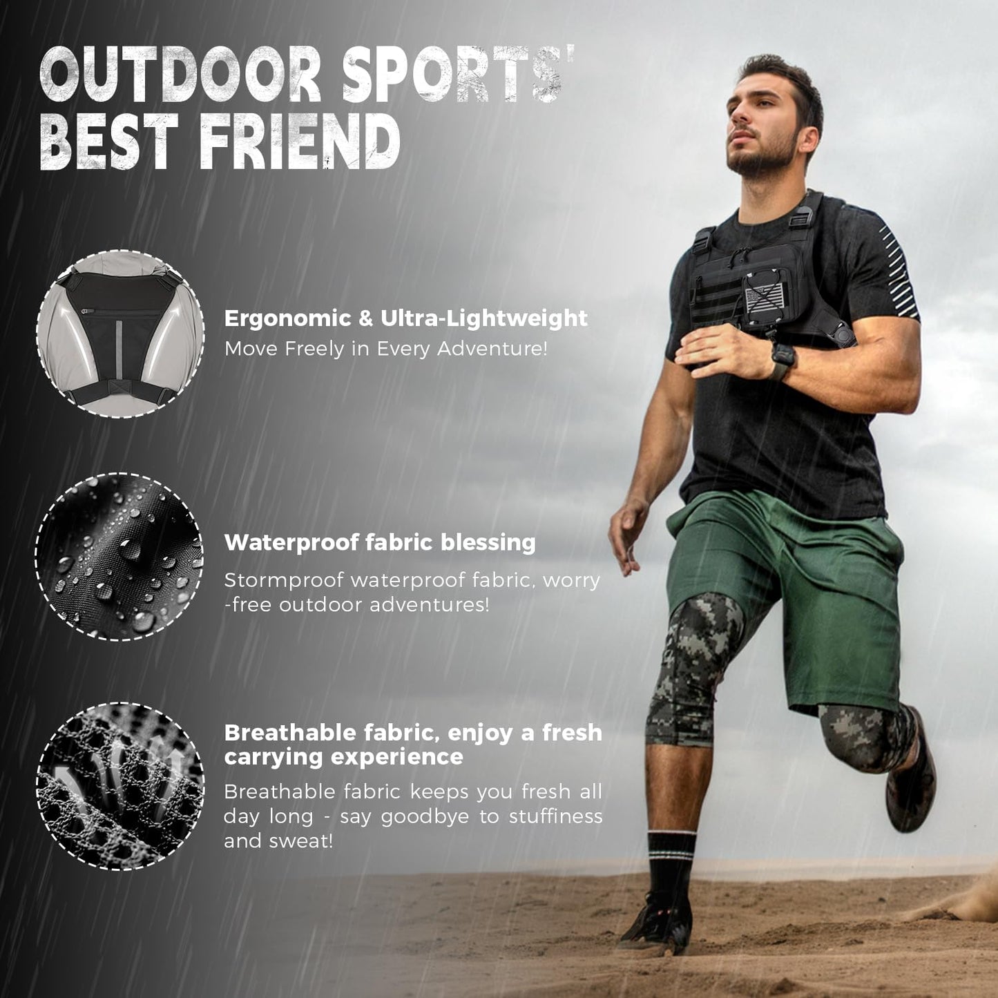koculemi Outdoor Sports Chest Bag for Men, Concealed Chest Vest Holster Fits Most Pistols, Adjustable Anti-Theft EDC Travel Chest Pack for Running, Hiking, Motorcycle Ride, Workouts (Black)
