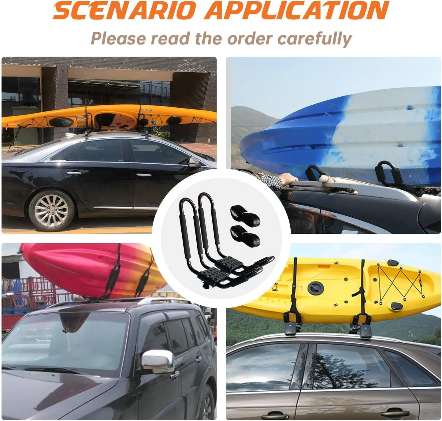 Kayak Roof Rack, 2 Pair J-Bar Roof Rack with 4 Ropes. Heavy Duty Kayak Roof Carrier for Your Canoe SUV and Trucks