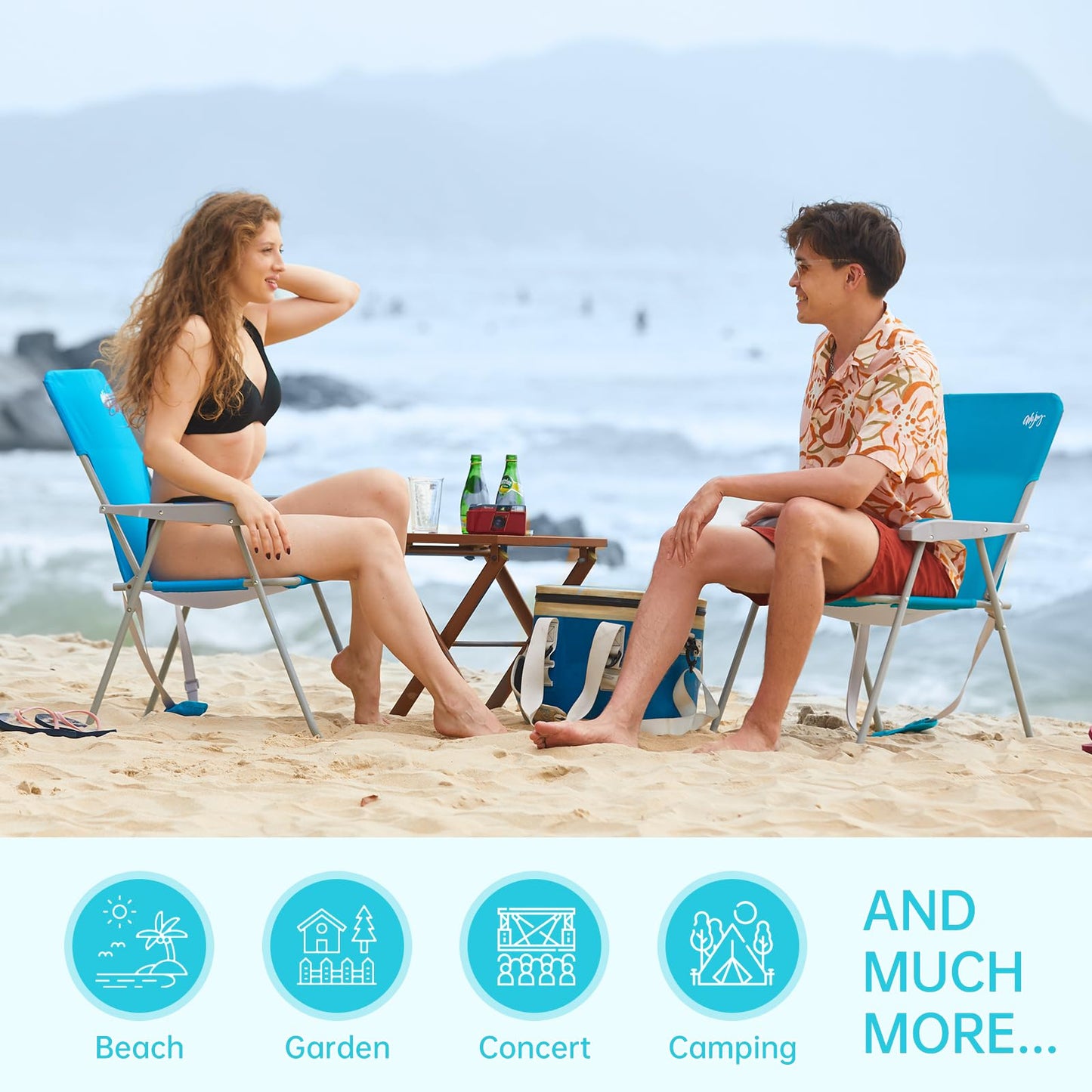 #WEJOY Folding Beach Chair for Adults, Lightweight Beach Chair with Shoulder Straps, High Back Camping Chairs with Hard Armrest, Supports 300lbs for Outdoor Lawn Concert, 2 Pack (Cyan)