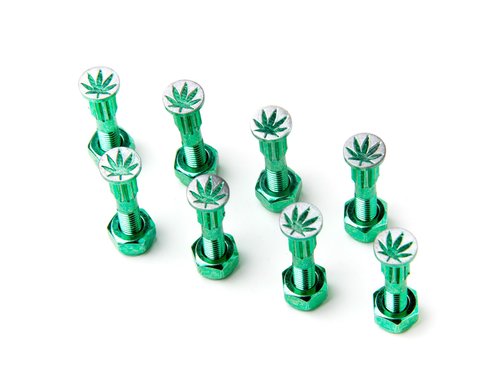SCREW CITY Skateboard Hardware Set – 8 Bolts & 8 Nuts (1") – Anodized Green Coating, Half-Threaded, Iron Made – Polished Finish – Fits Skateboards & Cruisers – Durable Mounting Kit – Sweet Leaf Design