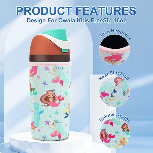 Cute Sleeve for Owala Kids FreeSip 16 oz, Thick Neoprene Cover Compatible with Owala 16 oz, Water Bottle Scratch Resistant Sleeve for Boys Girls to School (Mermaid World, 16 Ounces)