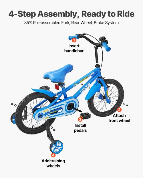 VEVOR Kids Bike, 18 Inches BMX Style Children Bicycle, Rider Height 3.61 ft - 4.59 ft, Training Wheels Included, Sturdy and Easy to Assemble, Toddler Bike for Boys & Girls Learning to Ride, Blue