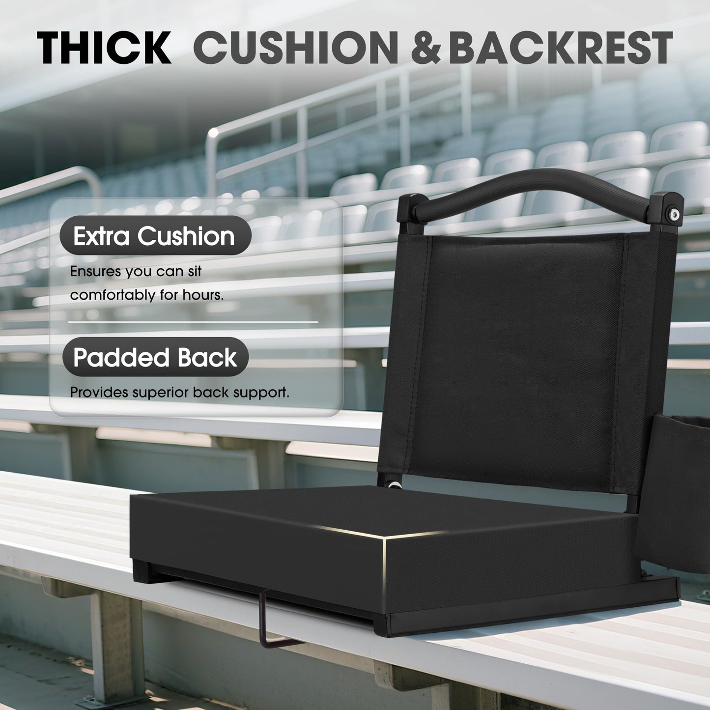 Fragess Bleacher seat, Stadium Seats with Back Support and Thick Cushion, Bleacher Chairs with Shoulder Strap and Side Pocket, Stadium Seat for Bleachers, Perfect for Sports Events(Black)