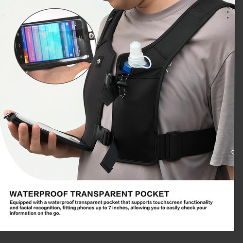 Waterproof Reflective Running Vest for 65kg+ with 500ml Hydration Bottle & Adjustable Phone Holder – Lightweight Chest/Waist Straps for Hands-Free Running, Hiking, Fitness, Climbing