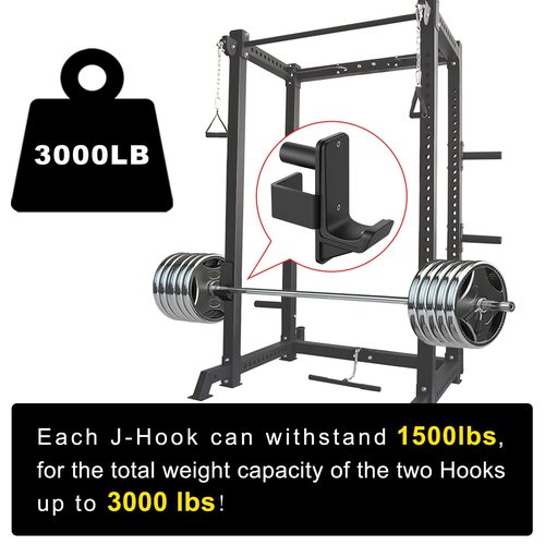 Kipika J-Hooks for 2" x 2" Power Rack with 1" Hole - Bottom Reinforced Steel Hooks with Rubber Pads - Heavy Duty Power Rack Attachments - Squat Rack Accessories for Strength Training - Set of 2