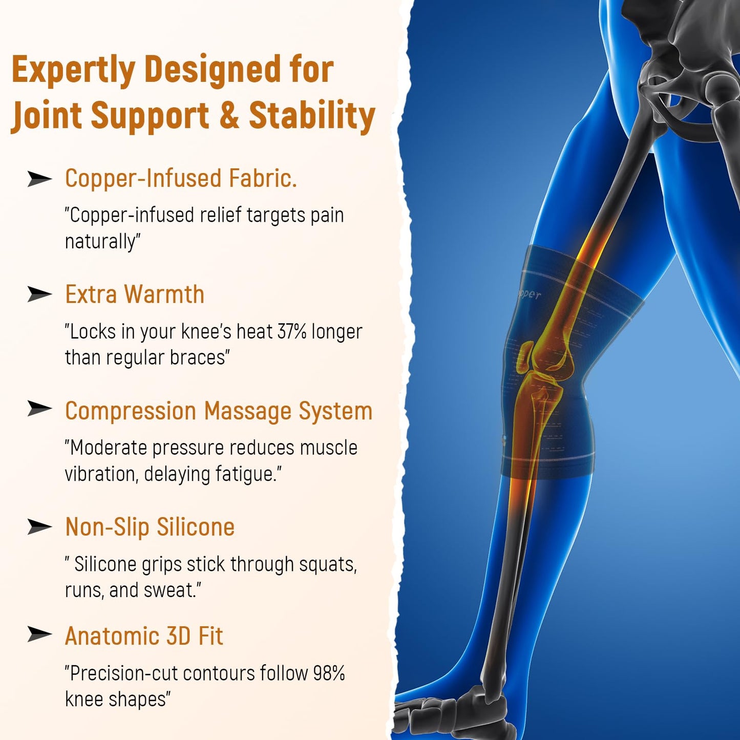 JIUFENTIAN Copper Knee Brace for Women and Men(2 Pack) -knee compression sleeves for Arthritis, Running & Daily Use-Targeted Support for Joint Stability & Pain Relief(Large)